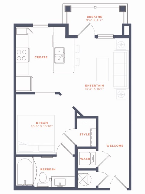 A floor plan of a house with rooms labeled as "Breathe", "Create", "Entertain", "Dream", "Style", "Welcome", and "Refresh".